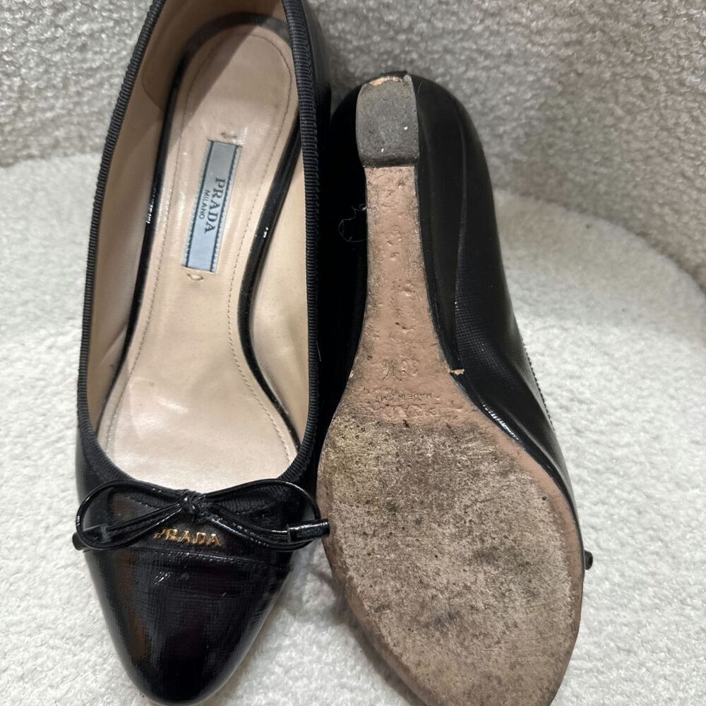 PRADA SAFFIANO Leather Logo Bow Tie Wedges - Picture 8 of 8